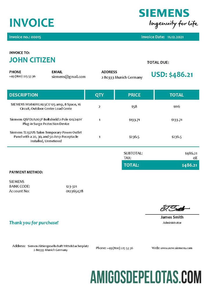 Fatura Siemens dos EUA modelo